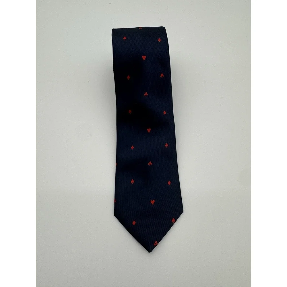 Navy Blue Silk Tie Red Playing Cards Hearts Spades Diamonds Clubs Novelty Mens